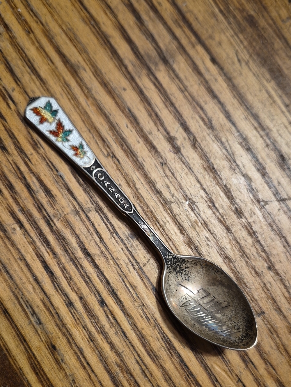 Canada Souvenir Sterling Enamel Handle Spoon with Maple Leaf Design
